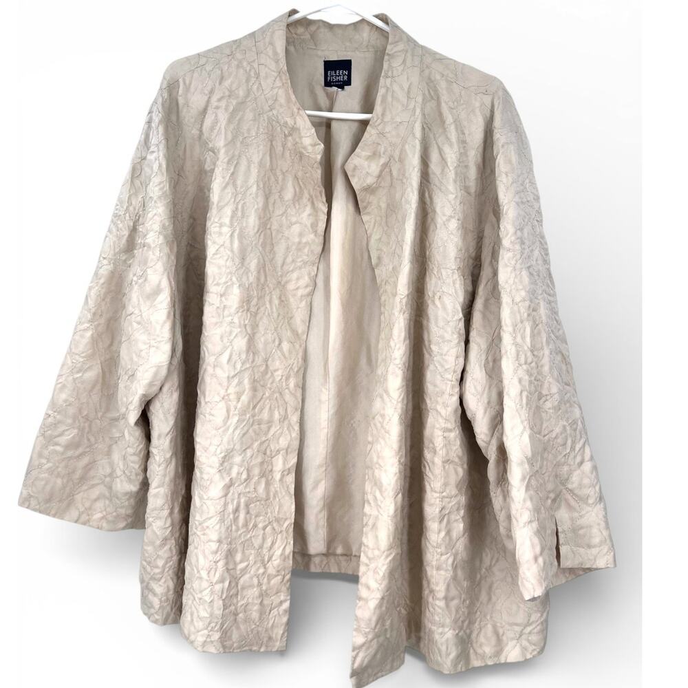 Eileen Fisher XL open front jacket cream textured silk Cardigan Embroidered - Picture 2 of 6